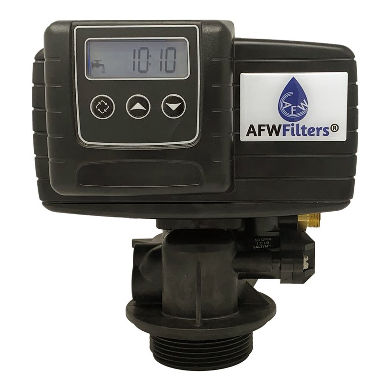 Fleck 5600SXT control valve with an AFW Filters label and digital display