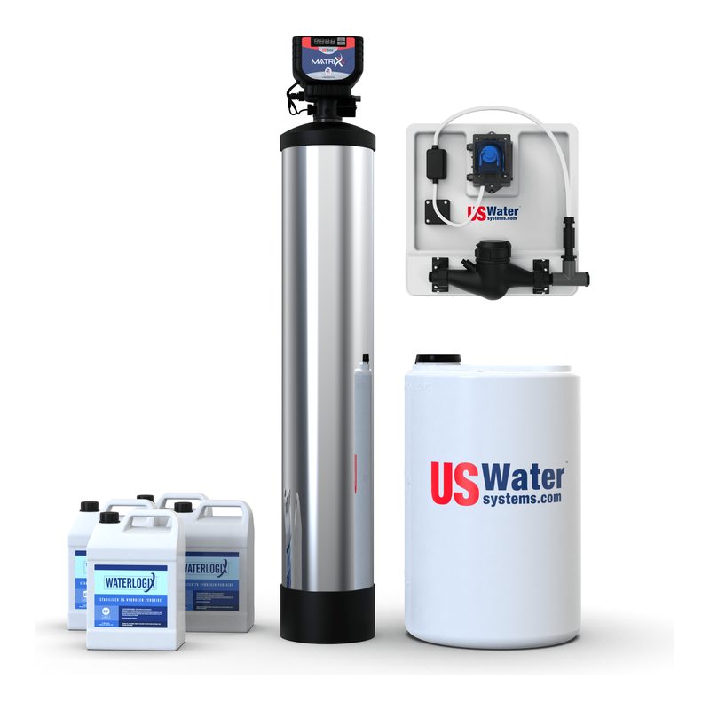 US Water Systems Matrixx InFusion: stainless-jacketed filter tank, wall-mounted injection pump, solution tank and peroxide jugs